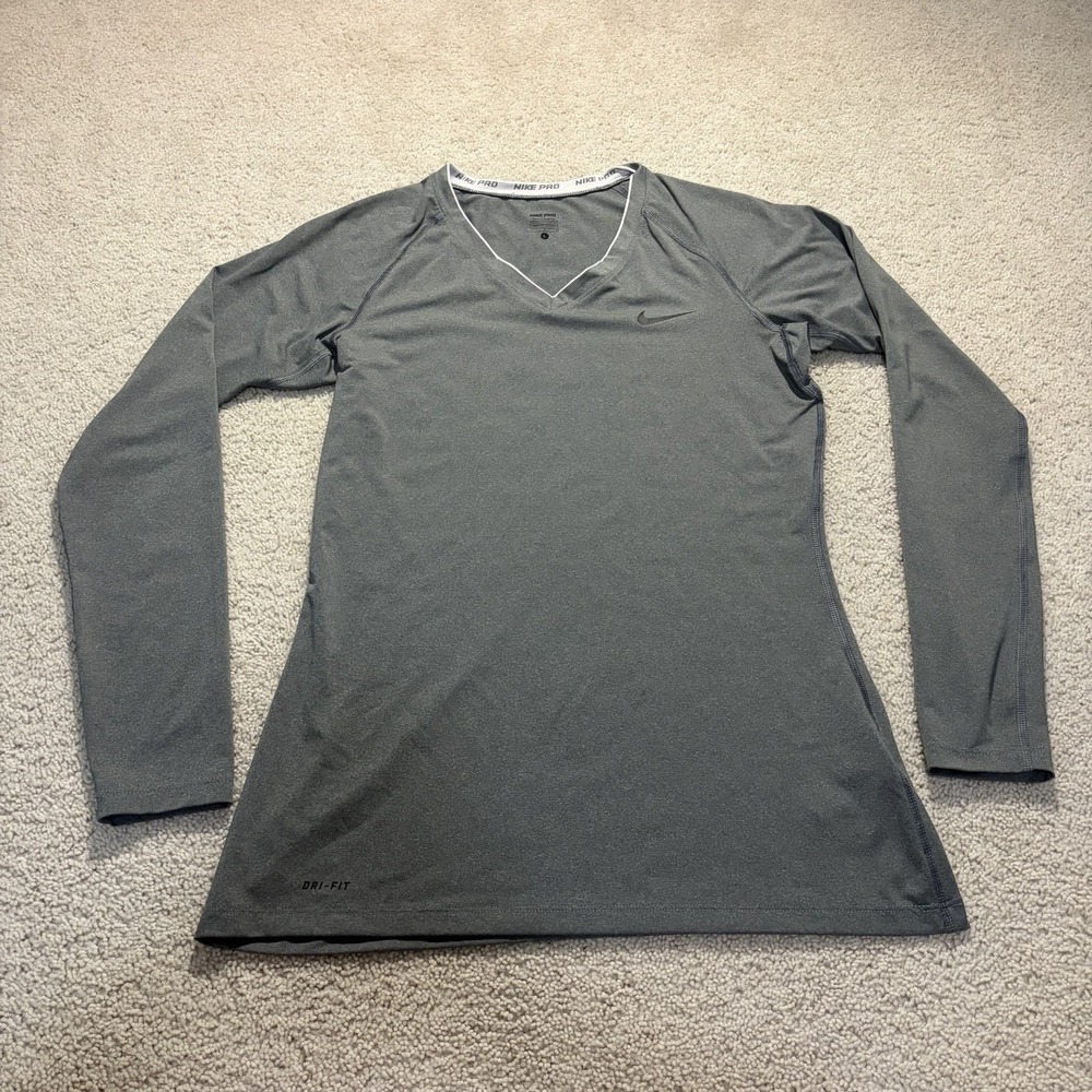Nike Pro Long Sleeve Shirt V-Neck Women's Large Gray Volleyball Solid Training